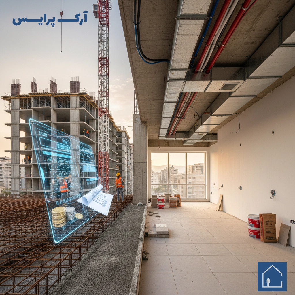 هزینه ساخت آپارتمان مرحله نازککاری و نصب سرامیک کف؛ نمایش هزینههای داخلی و تفاوت قیمت بنای مفید و مشاعات.