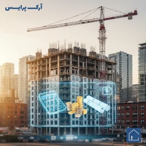 نمای یک پروژه ساختمانی مدرن در حال اجرا همراه با نمادهای محاسباتی، نشاندهنده برآورد هزینه ساخت آپارتمان در سال ۱۴۰۴.